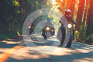 Dynamic motorcycle squad speeds along a forested road, creating excitement