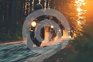 Dynamic motorcycle squad speeds along a forested road, creating excitement