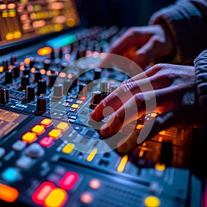 Dynamic music control Hands expertly manipulate the DJ console