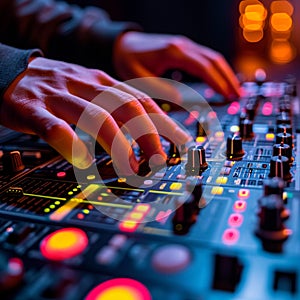 Dynamic music control Hands expertly manipulate the DJ console