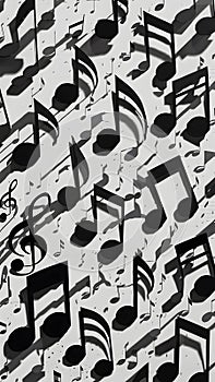 Dynamic musical notes on white background create depth and movement in abstract composition