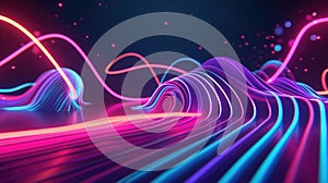 A dynamic neon dance party with lines swaying and bouncing to the music