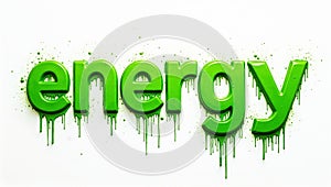 Dynamic neon green energy word splashed on white wall with dripping paint conveying motion