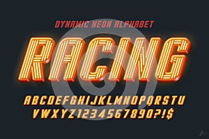 Dynamic neon light 3d alphabet, racing style original type.