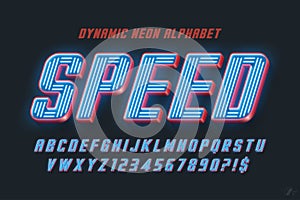 Dynamic neon light 3d alphabet, racing style original type.