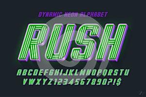 Dynamic neon light 3d alphabet, racing style original type.