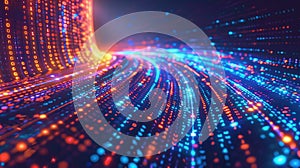 A dynamic network of neon lights and binary code visualizing the flow of big data. Big data visualization