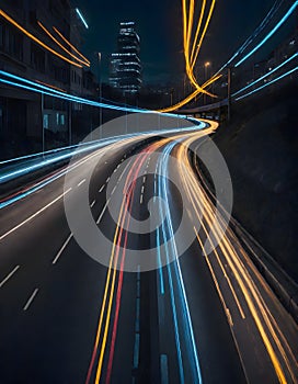 Dynamic Night cene of City Highway With Vibrant Vehicle Light Trails, Generative AI