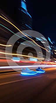 Dynamic night cityscape with glowing sneakers in motion