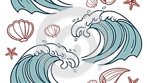 Dynamic Ocean Waves and Seashells Pattern, vector design Generative AI