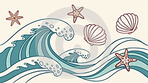 Dynamic Ocean Waves & Seashells Seamless Pattern, vector design Generative AI
