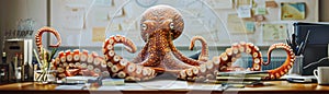 Dynamic office scene with a smiling octopus masterfully balancing a spectrum of tasks a beacon of multitasking prowess