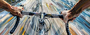 Dynamic oil painting of a cyclist's hands on bicycle handlebars, capturing high-speed motion