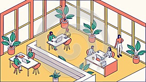 Dynamic open-plan office, fostering collaboration and modern workspace, vector design Generative AI