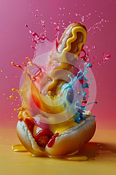 Dynamic Paint Splash on Hot Dog with Vivid Colors Against a Pink Background, Creative Fast Food Concept
