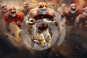 A dynamic painting capturing a football player in motion as he runs with the ball, NFL player running for a touchdown with