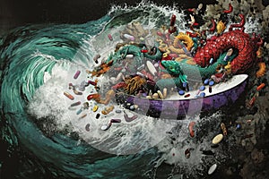 A dynamic painting depicting a dragon navigating a boat on a powerful wave, A depiction of opioids as mythical sirens, luring in