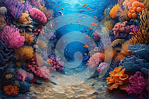 A dynamic painting showcasing a colorful underwater world teeming with corals and various species of fish