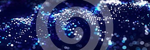 Dynamic particle wave. Futuristic point wave. Flow digital structure. Data technology background. 3D rendering