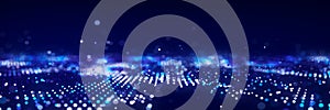 Dynamic particle wave. Futuristic point wave. Flow digital structure. Data technology background. 3D rendering