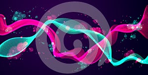 Dynamic particles mutual sound wave flowing over dark. Dotted double curves vector abstract background. Beautiful 3d wave shaped