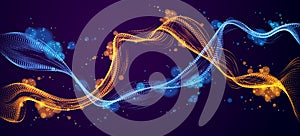 Dynamic particles mutual sound wave flowing over dark. Dotted double curves vector abstract background. Beautiful 3d wave shaped