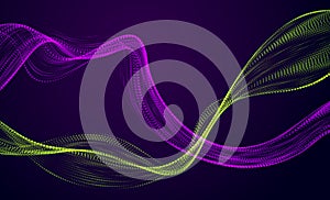 Dynamic particles mutual sound wave flowing over dark. Dotted double curves vector abstract background. Beautiful 3d wave shaped