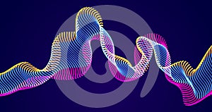 Dynamic particles sound wave flowing over dark. Dotted curves vector abstract background. Beautiful 3d wave shaped array of