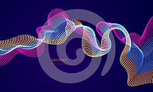 Dynamic particles sound wave flowing over dark. Dotted curves vector abstract background. Beautiful 3d wave shaped array of