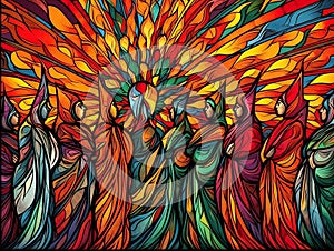 Dynamic Pentecost Illustration with Wind and Fire, Stained Glass Style