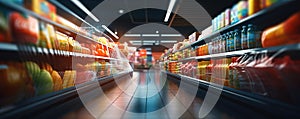 Dynamic perspective of a supermarket aisle, illuminated shelves with various products, conveying the essence of modern retail