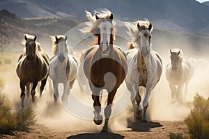A dynamic photo capturing the energy and grace of a group of horses running together on a dusty rural road, Wild, galloping horses