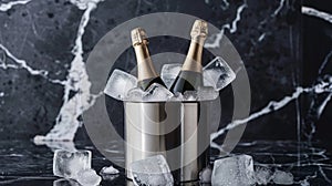 Dynamic photograph featuring two champagne bottles Chilled in Ice Bucket