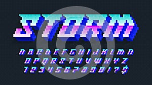Dynamic pixel alphabet design, stylized like in 8-bit games. High contrast and sharp, retro-futuristic.