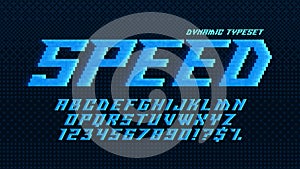 Dynamic pixel alphabet design, stylized like in 8-bit games. High contrast and sharp, retro-futuristic. Easy swatch