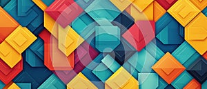 Dynamic pixel art composition featuring a colorful array of geometric shapes in a retro style