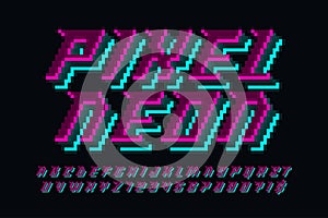 Dynamic pixel neon alphabet design, stylized like in 8-bit games.