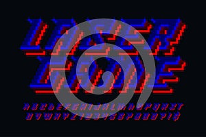 Dynamic pixel neon alphabet design, stylized like in 8-bit games.