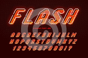 Dynamic pixel neon alphabet design, stylized like in 8-bit games.