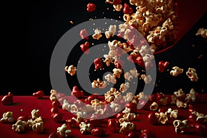 Dynamic Popcorn Tumbling from Paper Cone on Black Background