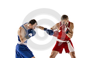 Dynamic portrait of two professional boxer in sports uniform boxing isolated on white background. Concept of sport