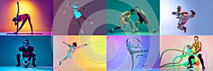 Dynamic portraits of men and women doing different kinds of sport in motion martial arts, basketball, american football