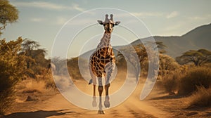 Dynamic Pose: Giraffe Crossing Dirt Road In Stunning 8k Resolution