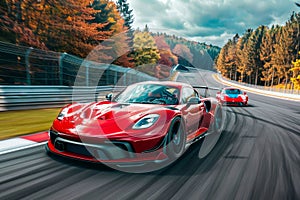 Dynamic race track with high speed racing cars skillfully maneuvering through a sharp turn photo