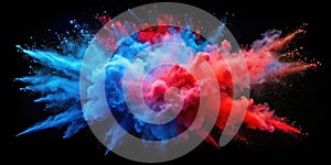 Dynamic red and blue powder explosion against black background. Generative AI