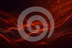 Dynamic red glowing wave of dots and lines on dark background representing abstract technology, data flow, network connection, and