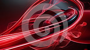 Dynamic red light waves swirl around a circular black object creating an abstract design in a high-contrast setting
