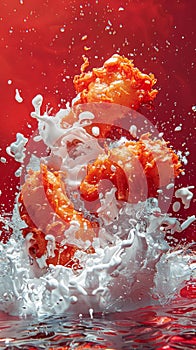 Dynamic Red and White Liquid Splash on Red Background, High Speed Photography, Abstract Fluid Art
