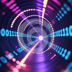 A dynamic representation of a digital tunnel with swirling binary code. The image features neon pink and blue numbers