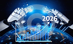 Futuristic Concept of Artificial Intelligence and Robotics Interacting with Graphs and Data Visualizations Representing